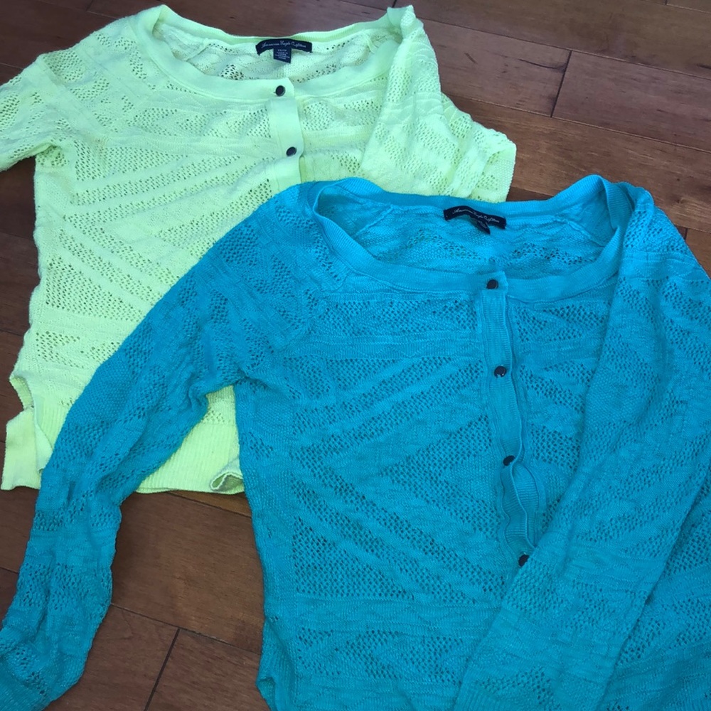 Lime Green and Teal Blue American Eagle Cardigans.